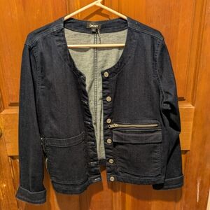 DKNY Women's Dark Blue Button Down Cuffed Long Sleeve Crop Jean Jacket L Cotton